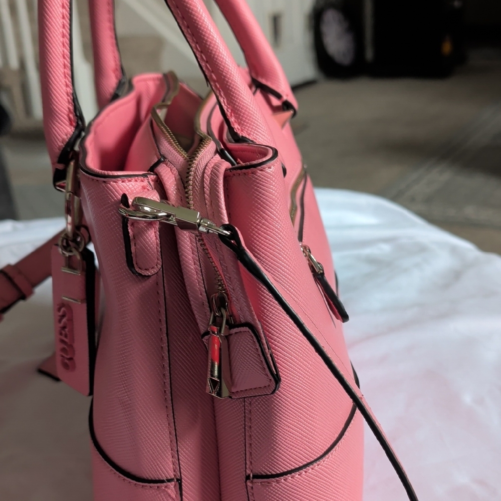 GUESS Pink Saffiano Satchel with Branded Charm - Picture 2 of 7
